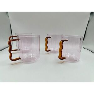 Room Essentials Glass Mugs‎ Pink Tint, Amber Wavy Handle, Set of 4, Cute
